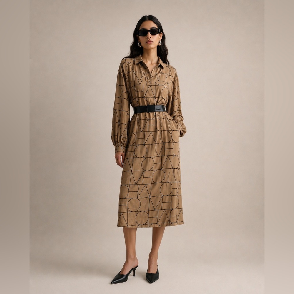 SOAKED IN LUXURY - Ecovero Geometric Midi Shirt Dress Beige Black S